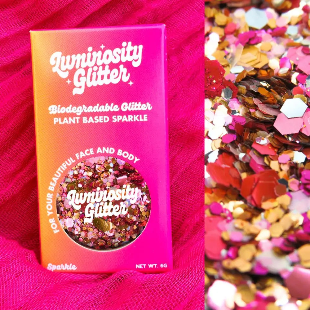 Tropical Tango eco glitter blend in bright orange and pink ombre packaging.