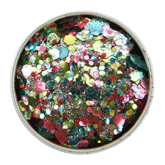 Tropicana biodegradable glitter mix consists of silver, turquoise, pink and gold eco friendly glitter in fine, chunky and super chunky sizing. In a 6 gram aluminium round pot.