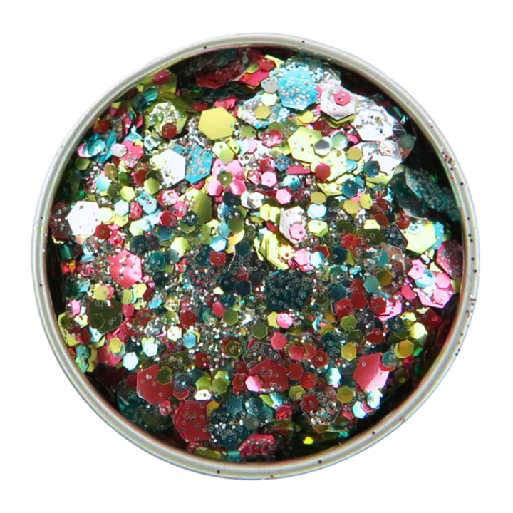 Tropicana biodegradable glitter mix consists of silver, turquoise, pink and gold eco friendly glitter in fine, chunky and super chunky sizing. In a 6 gram aluminium round pot.