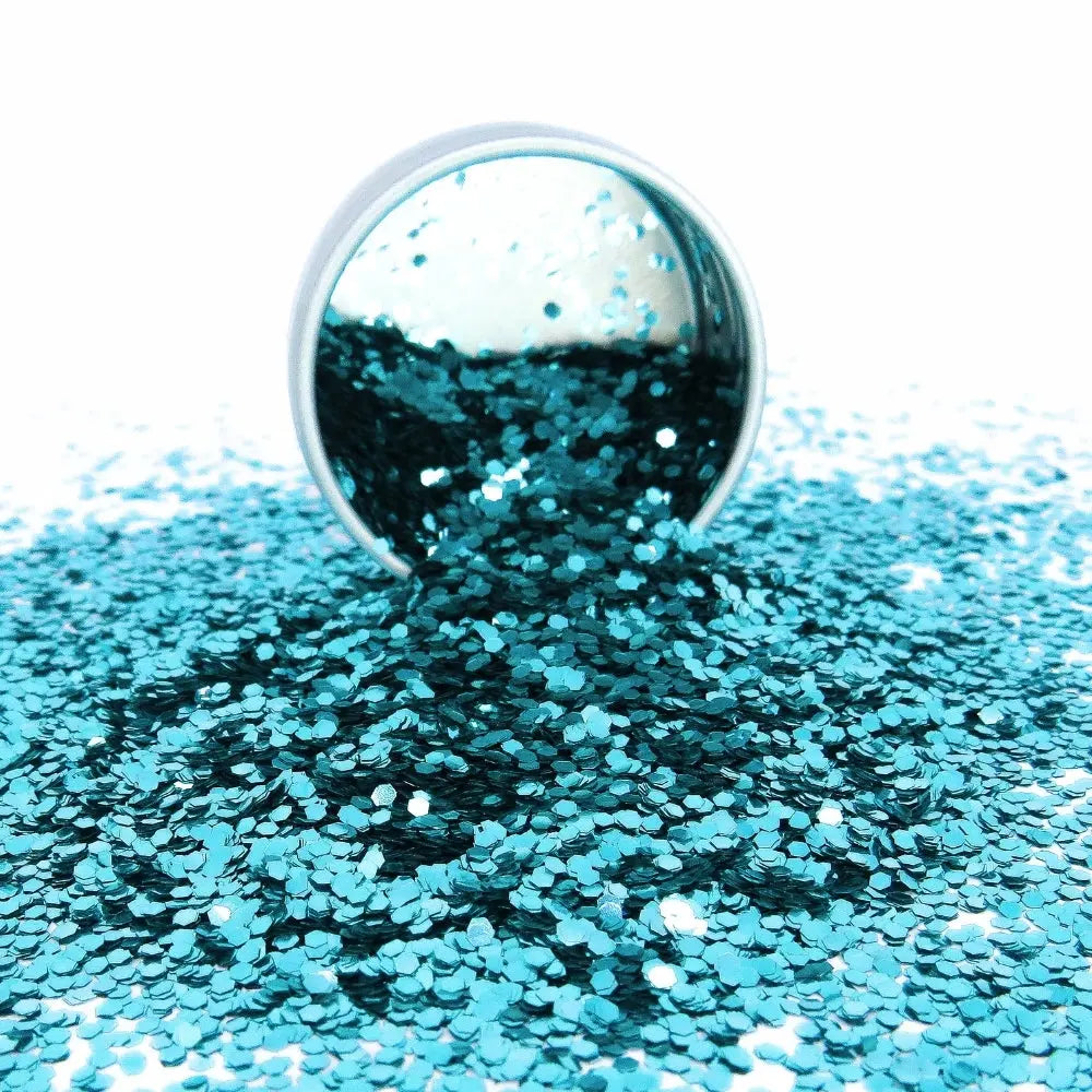 Turquoise chunky eco friendly glitter makeup.