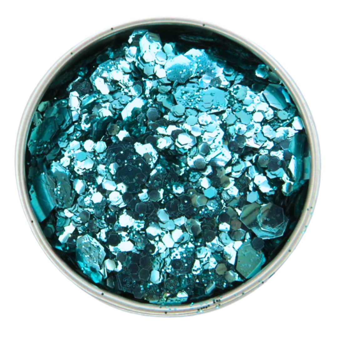 Turquoise blend of fine, chunky and super chunky eco friendly glitter in a round aluminium tin.