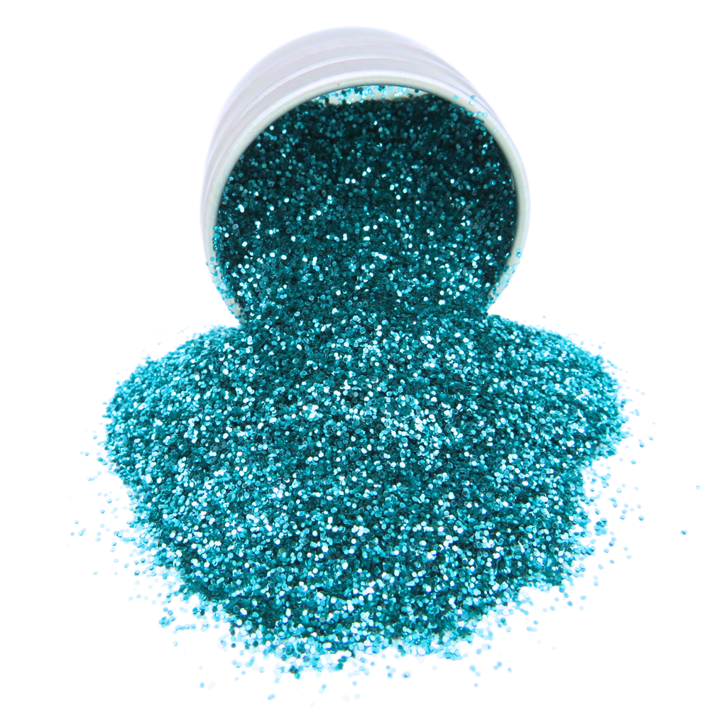 Turquoise eco friendly glitter in medium flake size pouring out of a 6 gram aluminium pot.