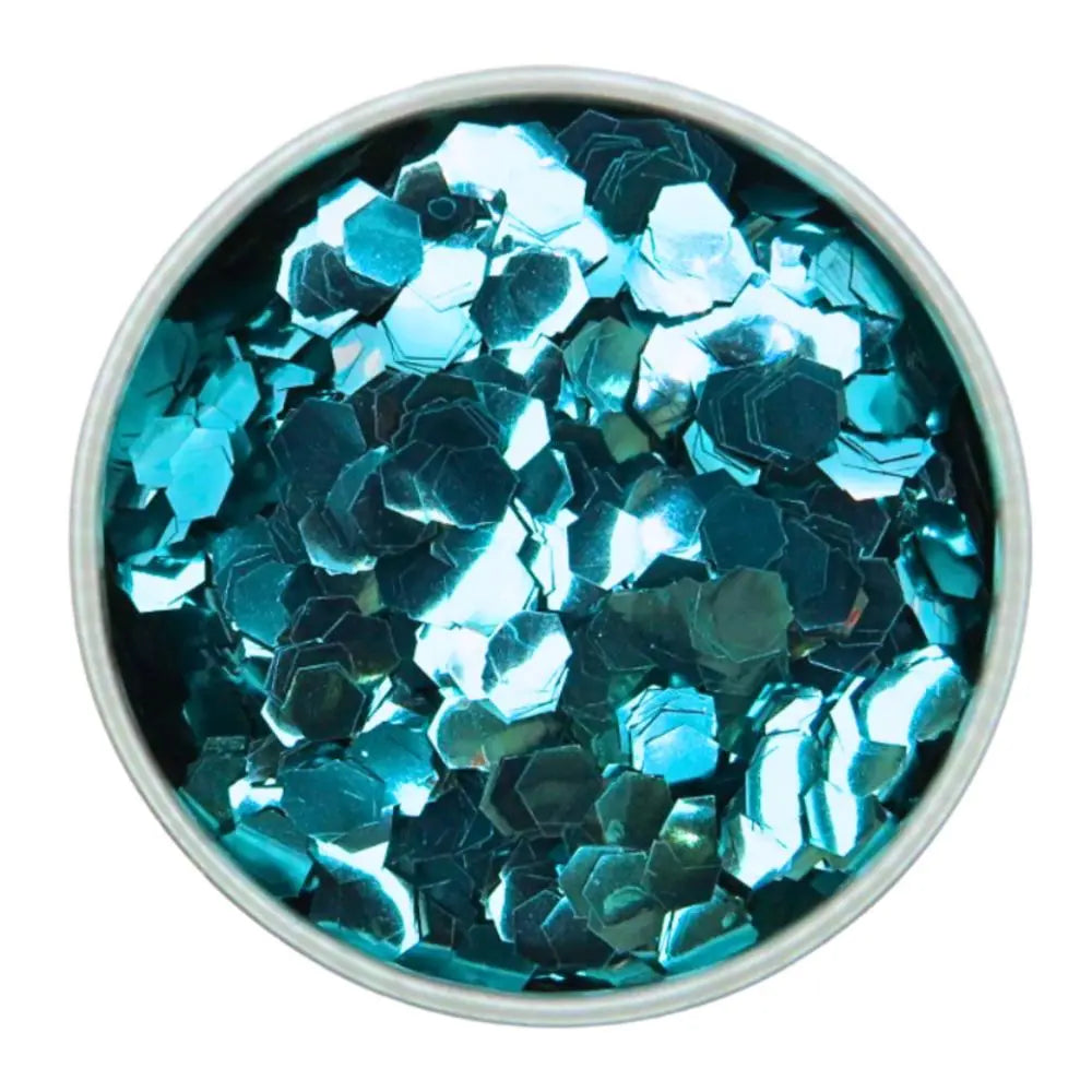 Turquoise super chunky eco friendly cosmetic glitter. A beautiful shade of turquoise in a round 6 gram aluminium pot.