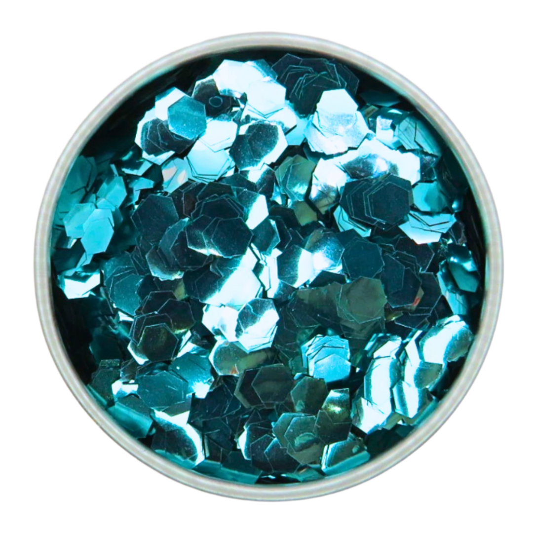 Turquoise super chunky eco friendly cosmetic glitter. A beautiful shade of turquoise in a round 6 gram aluminium pot.