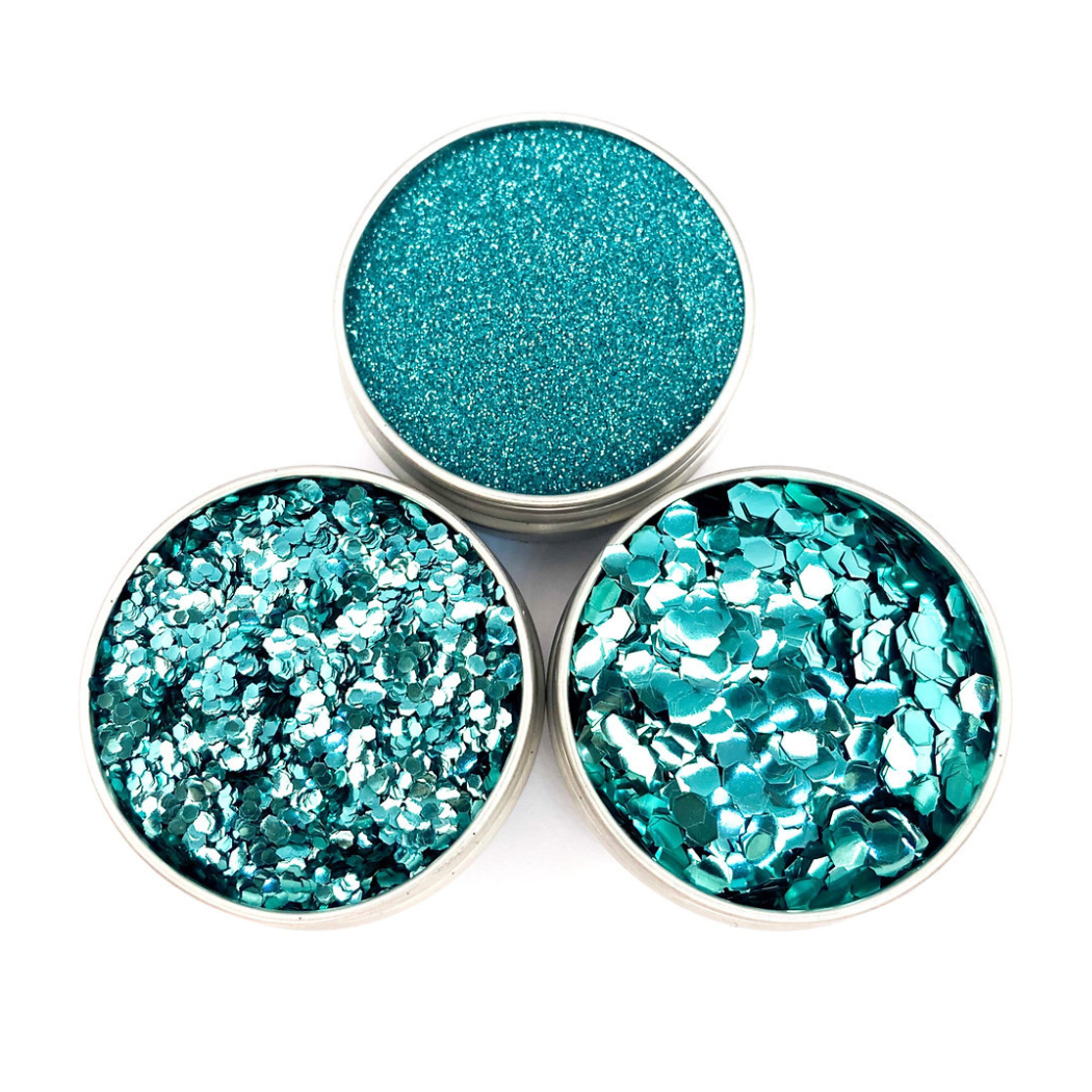 Turquoise eco glitter trio of fine, chunky and super chunky biodegradable glitter.