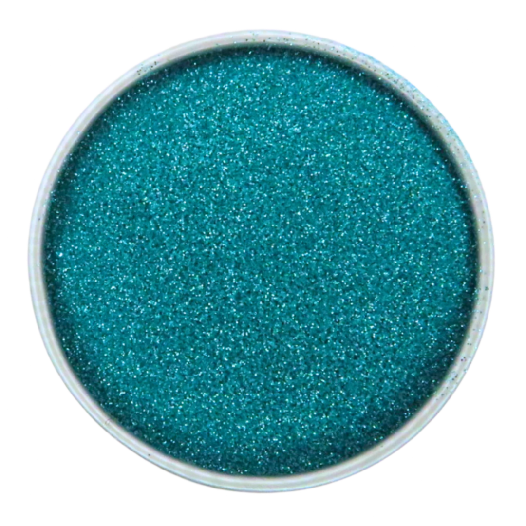 A round container filled with bright turquoise ultra-fine glitter, viewed from above