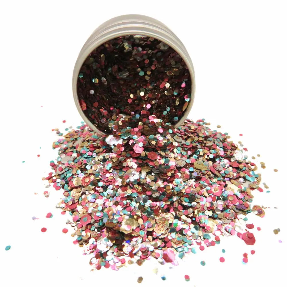 Unicorn biodegradable glitter blend made up of pink, turquoise, rose gold and silver cosmetic grade glitter.