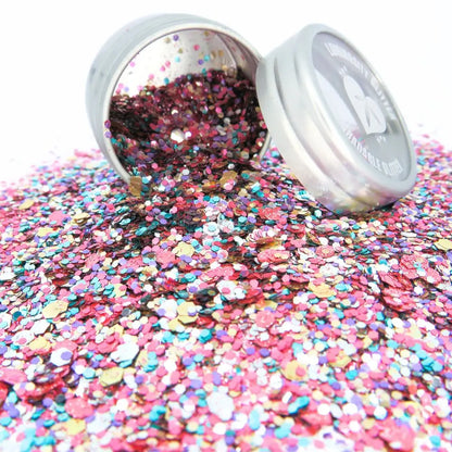 Unicorn biodegradable glitter blend in an aluminium window lid pot.