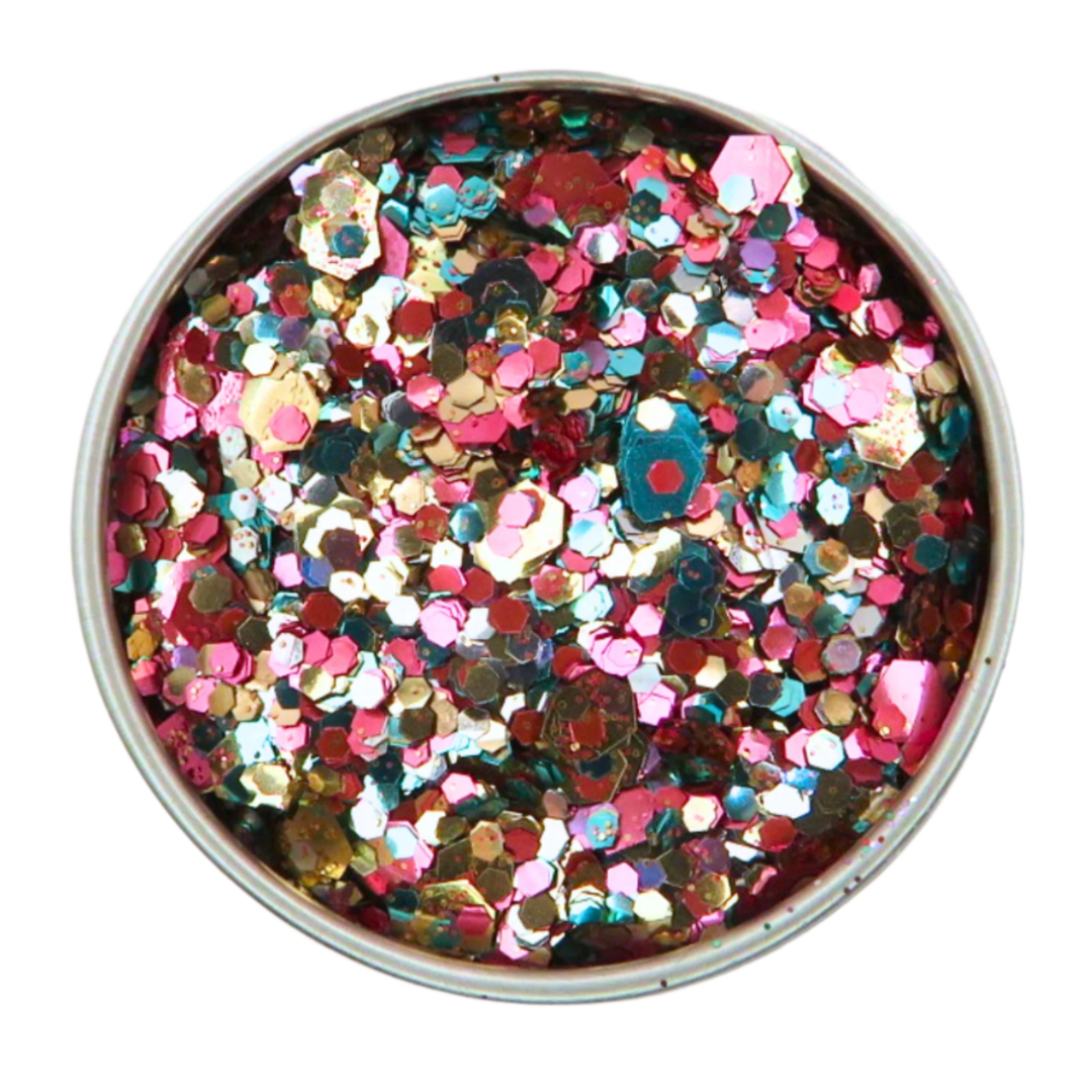 Unicorn eco friendly glitter mix is made with silver, pink, rose gold and turquoise glitter in fine, chunky and super chunky sizing.