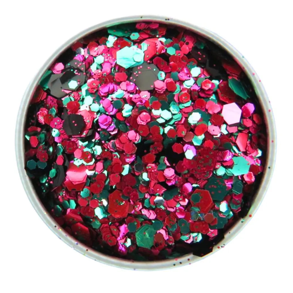 Watermelon eco glitter blend is mixed with red, pink, magenta, green and black eco friendly glitter.