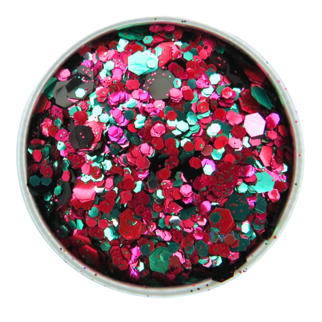 Watermelon eco glitter blend is mixed with red, pink, magenta, green and black eco friendly glitter.