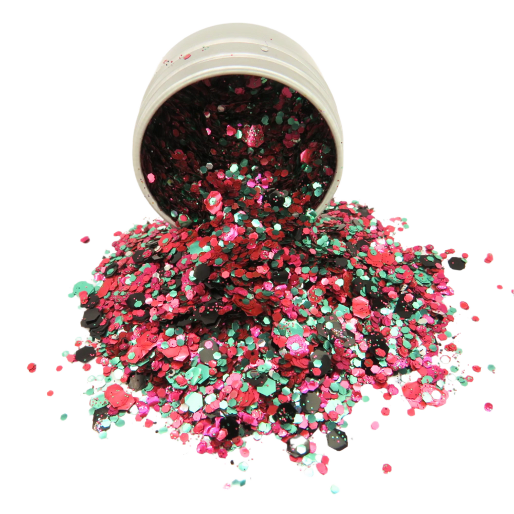 Watermelon eco glitter makeup blend by Luminosity Glitter is a mix of red, magenta, green and black eco friendly glitter in fine, chunky and super chunky sizing.