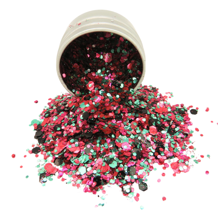 Watermelon eco glitter makeup blend by Luminosity Glitter is a mix of red, magenta, green and black eco friendly glitter in fine, chunky and super chunky sizing.