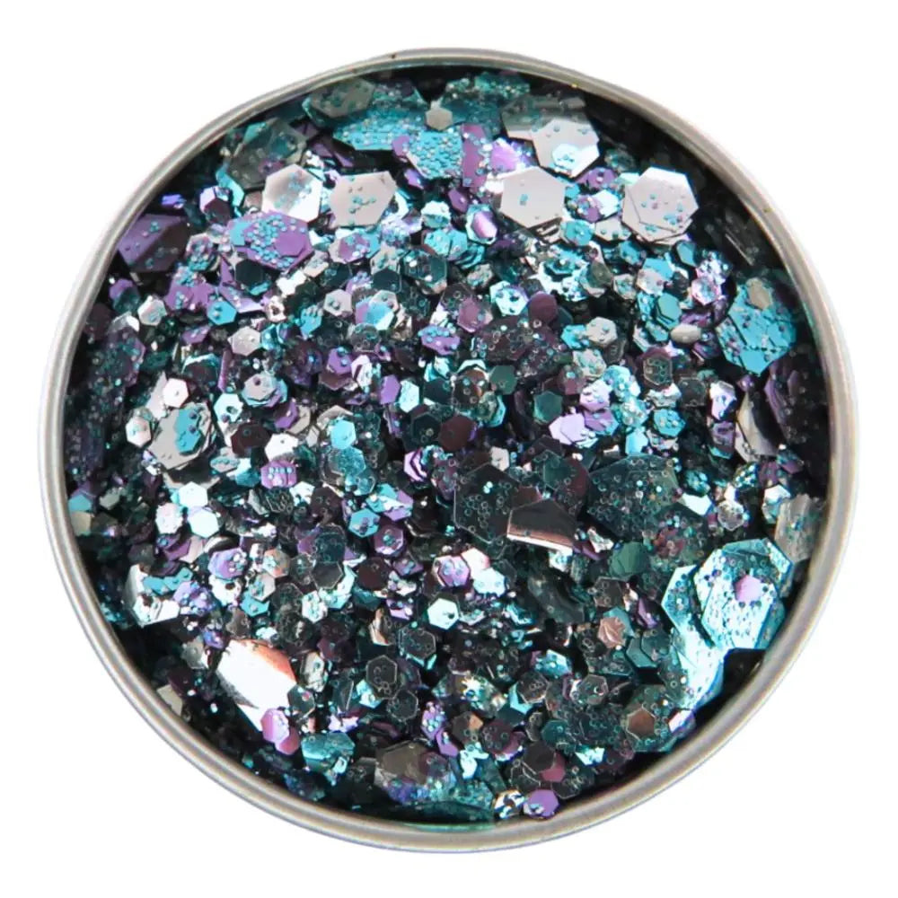 Winter wonderland is an eco glitter blend of turquoise, silver and purple glitter made primarily from eucalyptus cellulose.