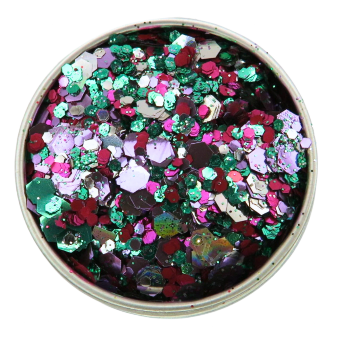 Witches brew blend of eco friendly spooky sparkle. This glitter blend is made using purple, green, magenta and holographic silver eco friendly glitter in three sizes.