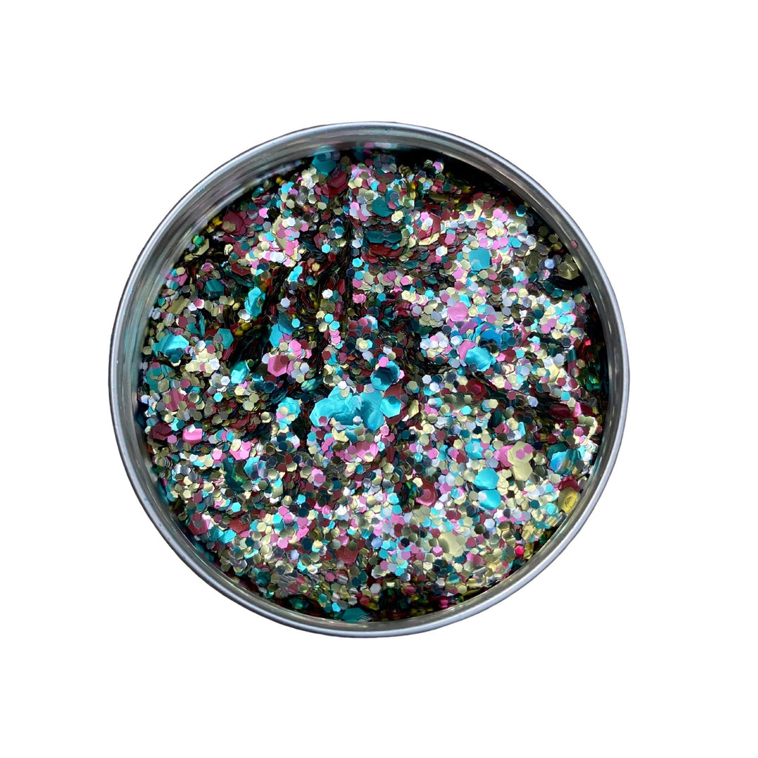 Tropicana blend of eco friendly cosmetic glitter, silver, gold, turquoise and pink biodegradable glitters for festival makeup.