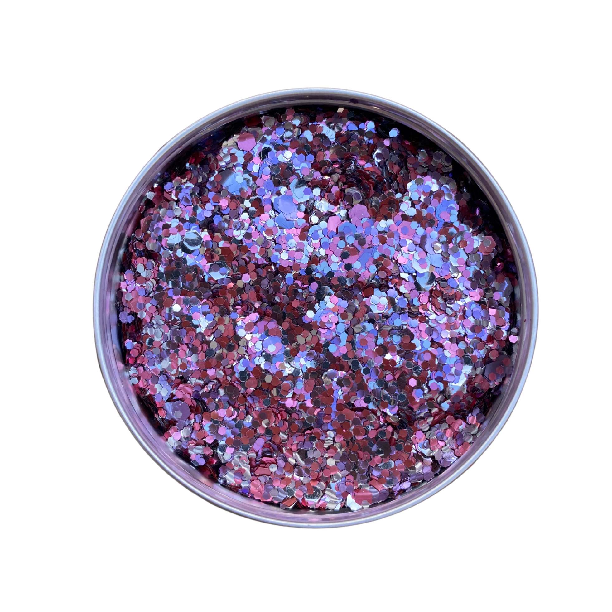 A glittery mix of pink, silver and purple biodegradable cosmetic glitter