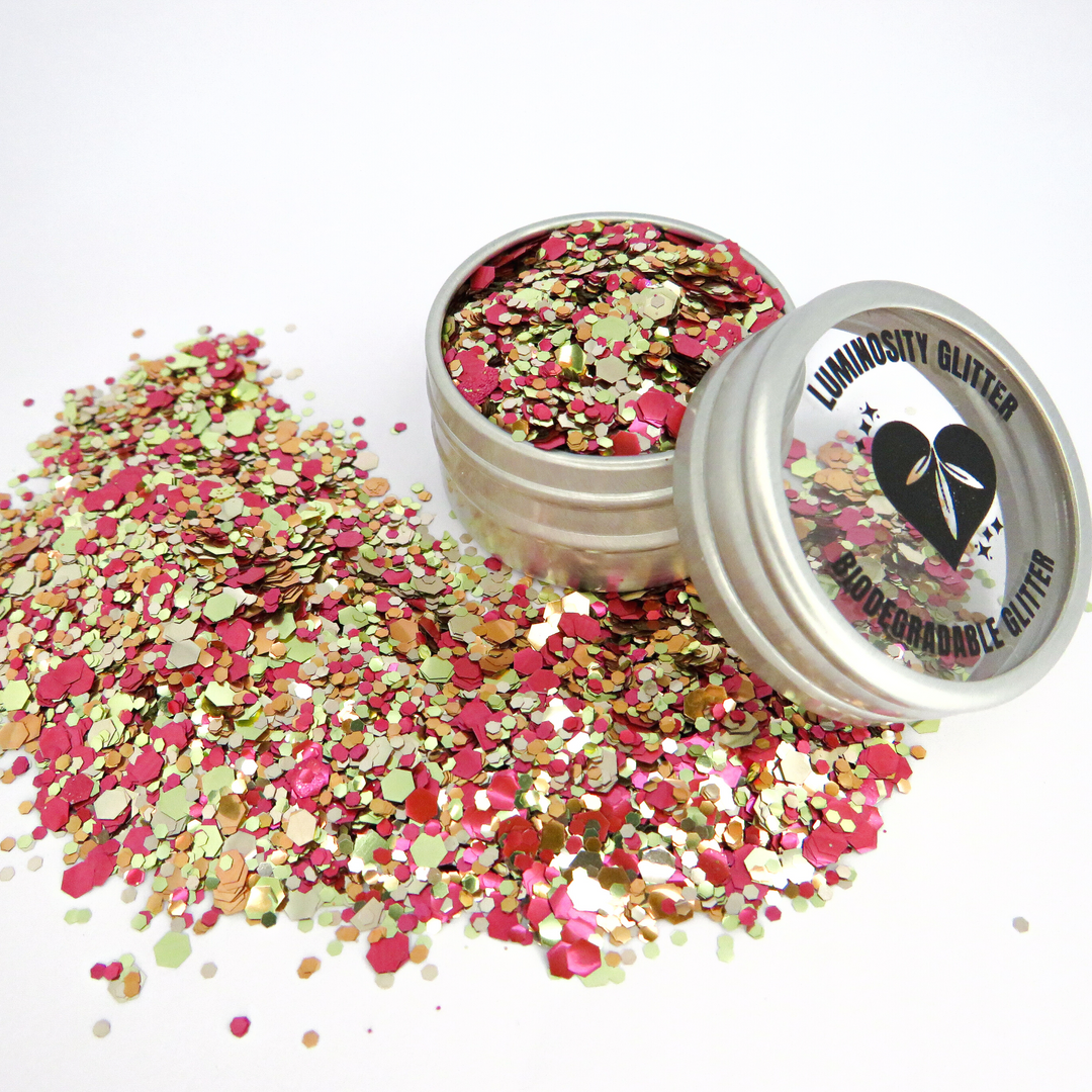 Autumn Leaves by Luminosity Glitter London is an eco friendly glitter mix of red, orange, rose gold and gold bioglitter.