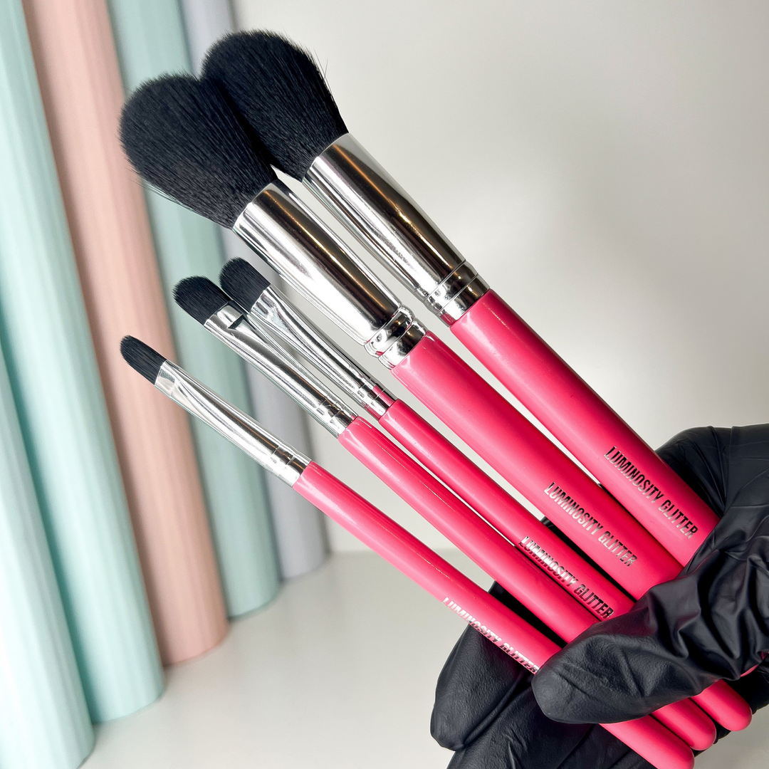 Hot Pink Makeup Brush Set by Luminosity Glitter. Five brushes with black synthetic hairs and wooden handles