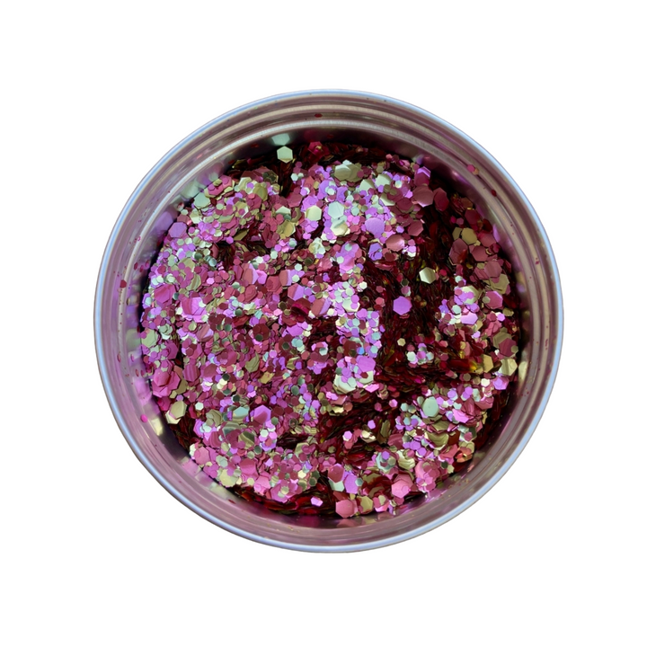 Champagne biodegradable glitter blend of pink and gold glitters by Luminosity Glitter in an aluminium pot