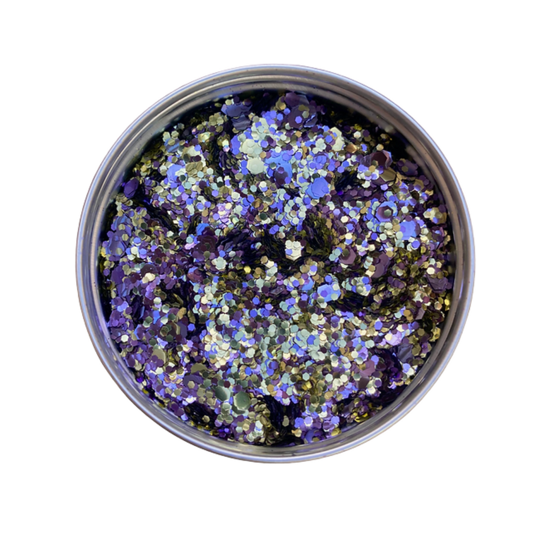 An aluminium pot of purple and gold biodegradable glitter