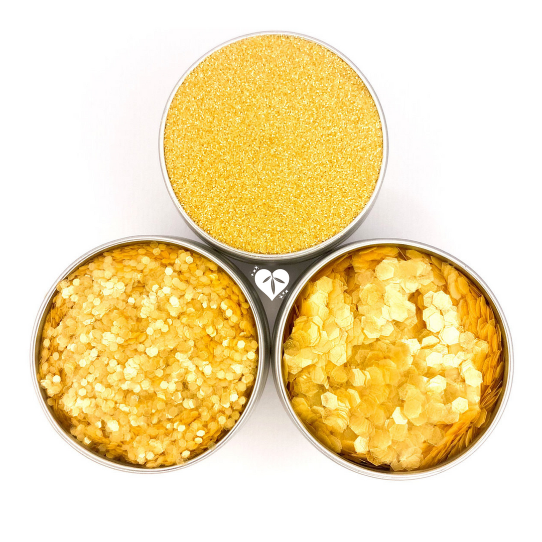 Honey gold 100% plastic free biodegradable glitter in fine, chunky and ultra chunky flake sizes