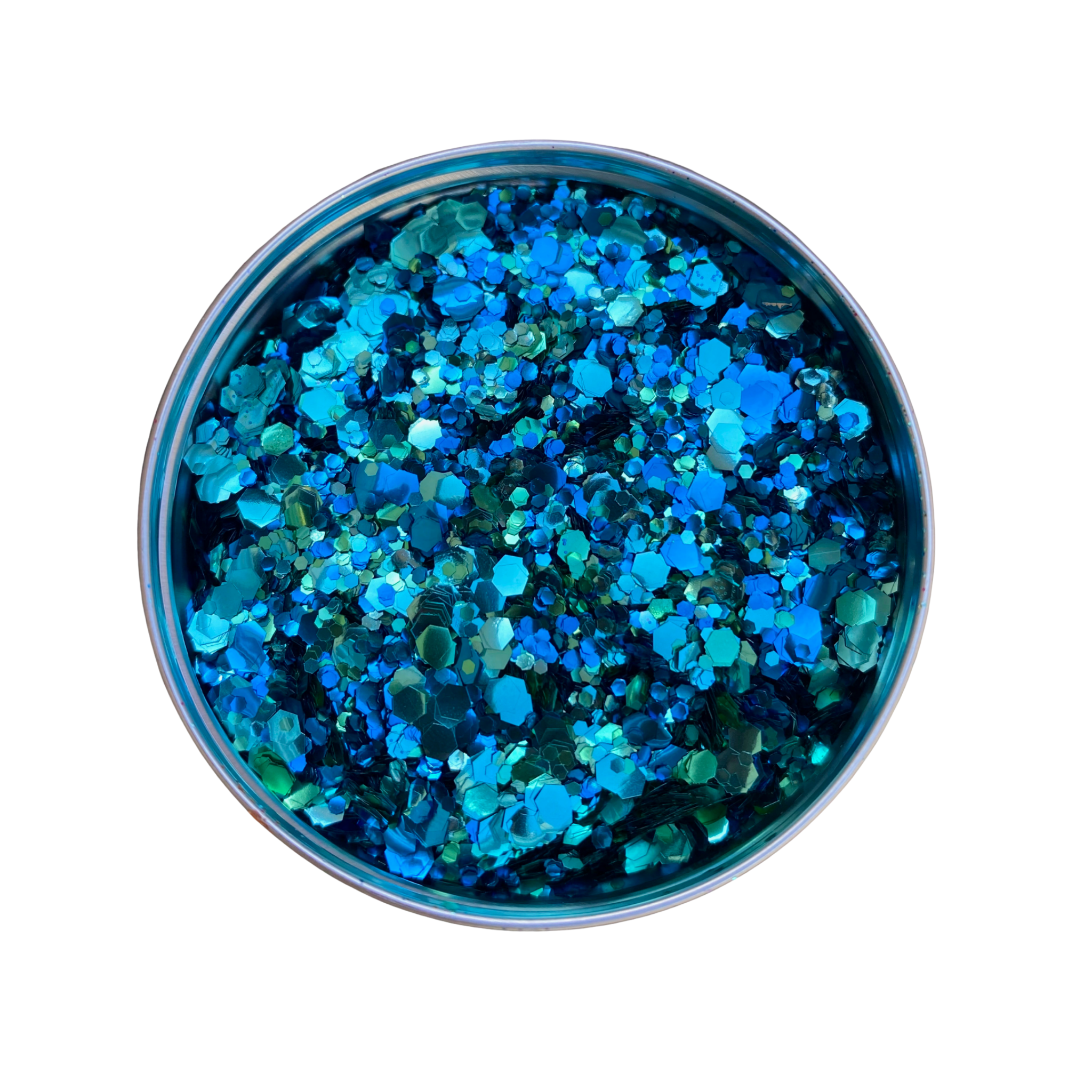 Ocean glitter blend of biodegradable glitter by Luminosity Glitter. Green and blue cosmetic glitters in an aluminium tin