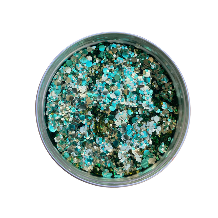 An aluminium pot filled with green and gold eco glitter.