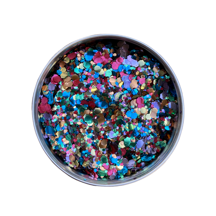 An aluminium pot of rainbow eco glitter