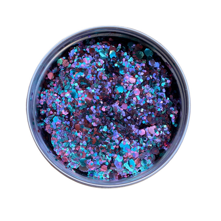 An aluminium pot of turquoise, pink and purple eco glitters for festival makeup