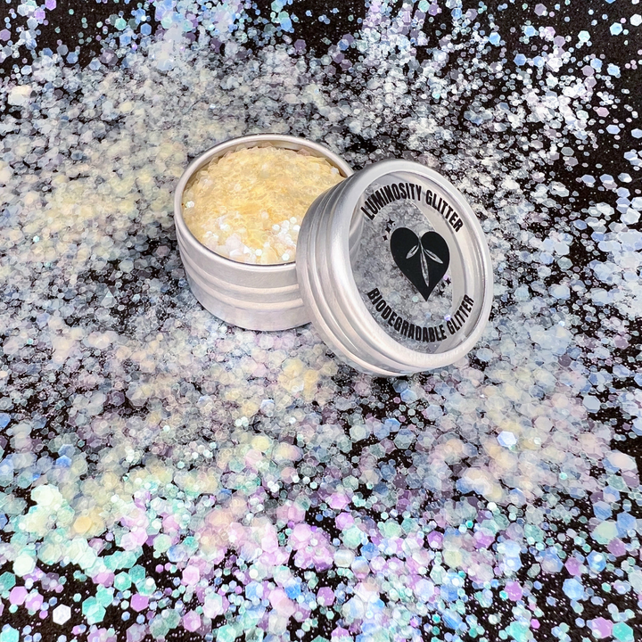 Aurora blend of 100% plastic free iridescent glitter. Made with pink, green and blue shades of our eco friendly glitter.