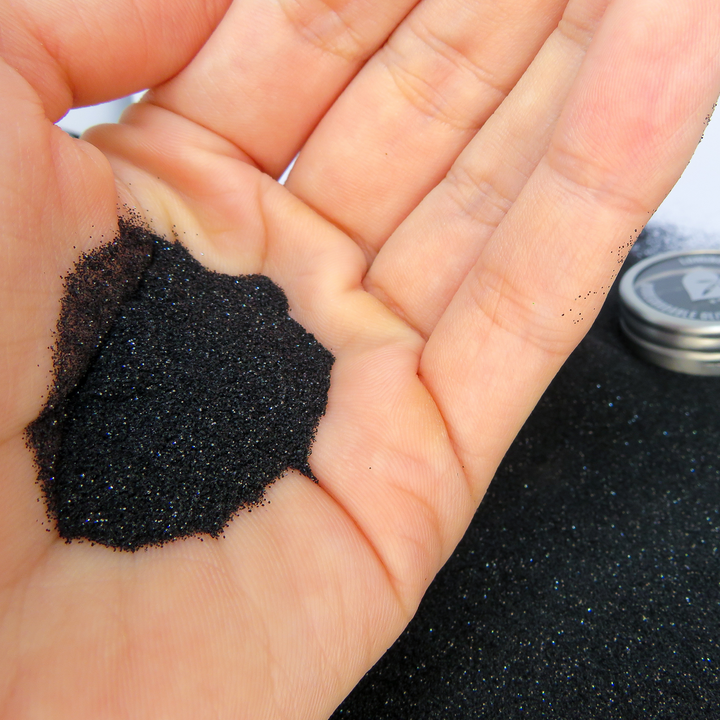 Black micro fine biodegradable glitter made from eucalyptus cellulose