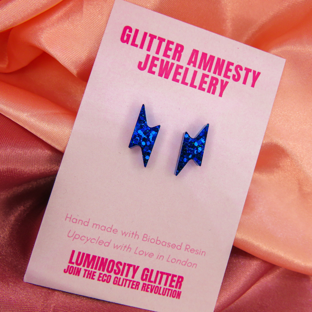 Blue glitter stud earrings made with bio resin and plastic glitter 