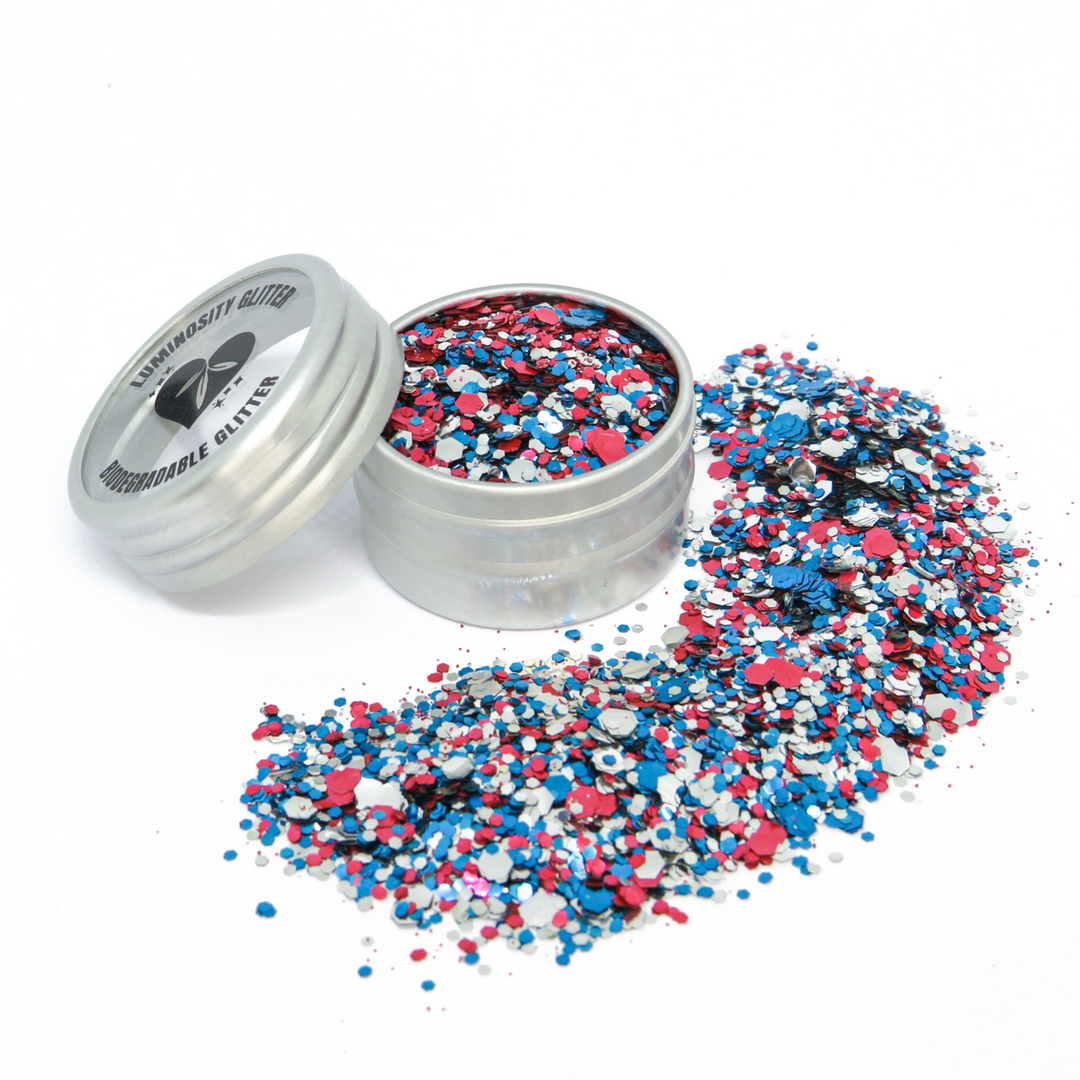 Britannia Bling bioglitter mix by Luminosity Glitter. Hand blended in London with red, silver and blue eco friendly glitter