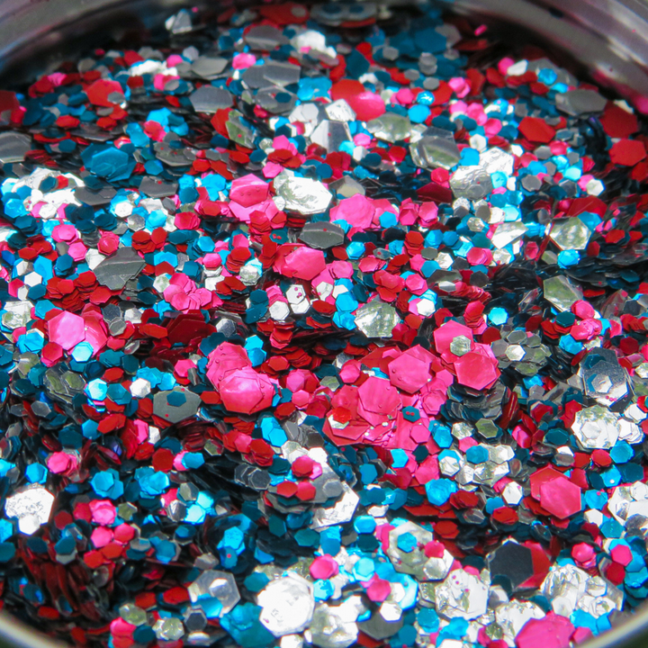 Britannia Bling eco glitter mix by Luminosity glitter has been made with silver, red and blue glitter