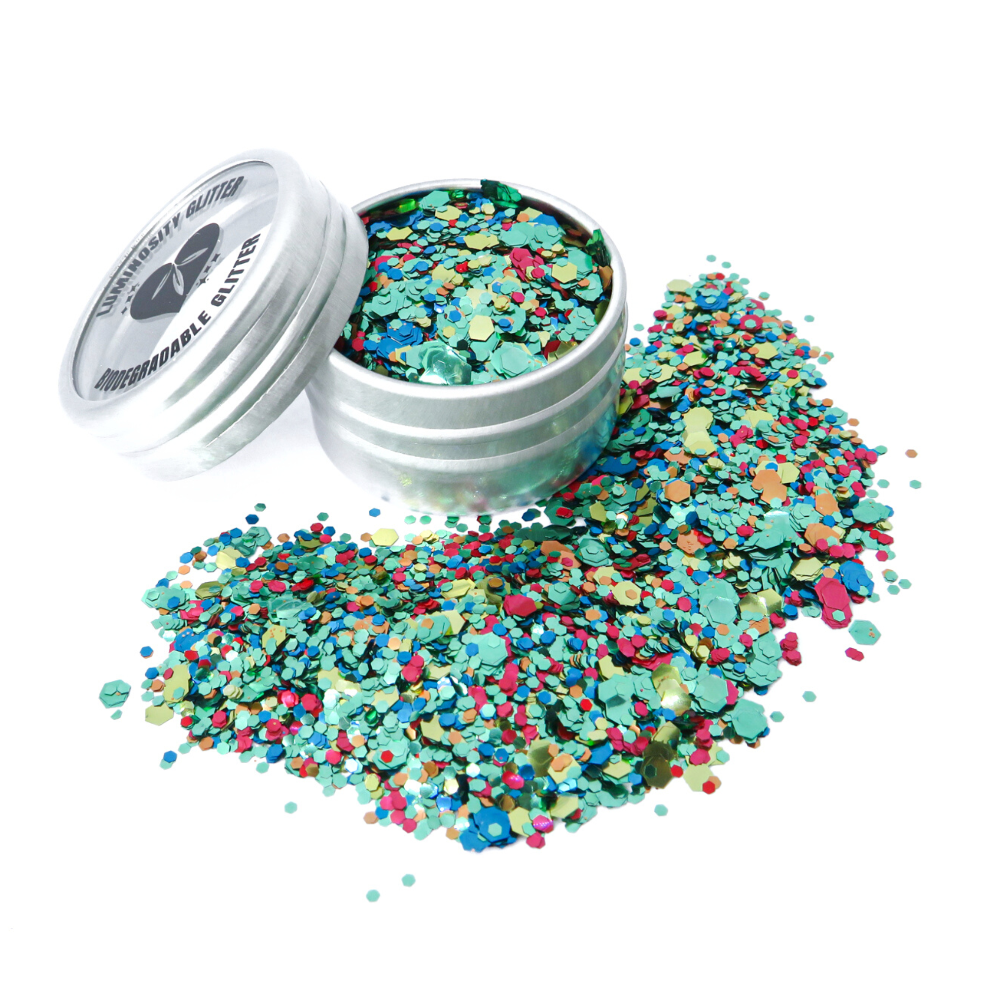 Chameleon eco glitter blend in a 10ml aluminium pot. Green, red, blue, orange and gold eco friendly glitter for face and body.