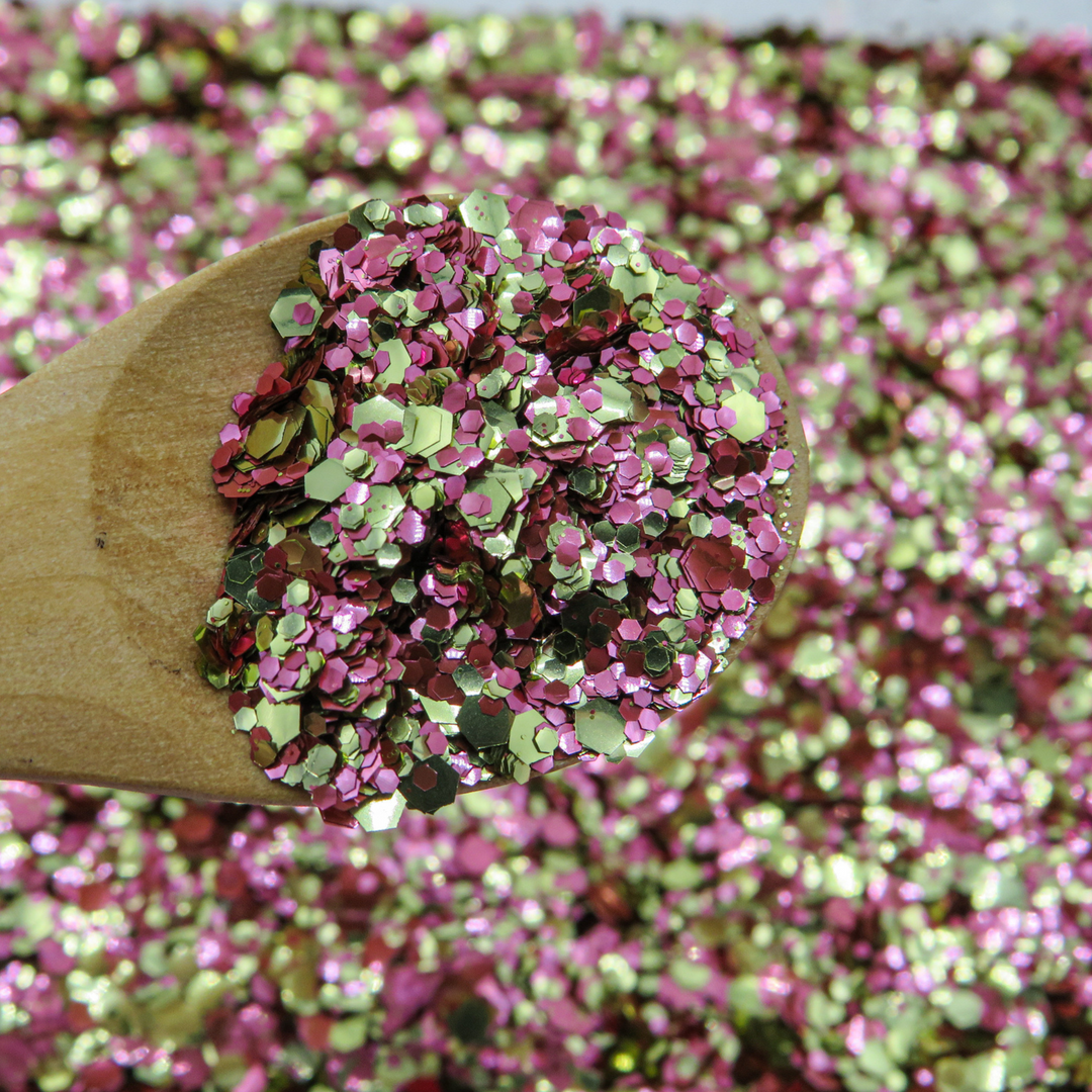 Pink and gold biodegradable cosmetic glitter