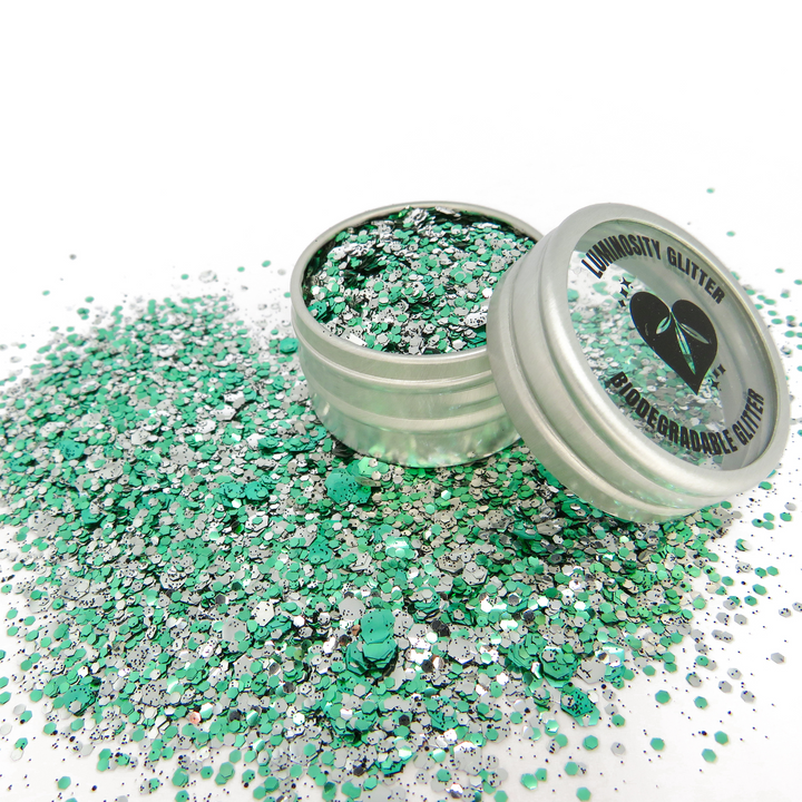 An aluminium pot filled with Luminosity Glitter's Disco Zombie eco glitter blend