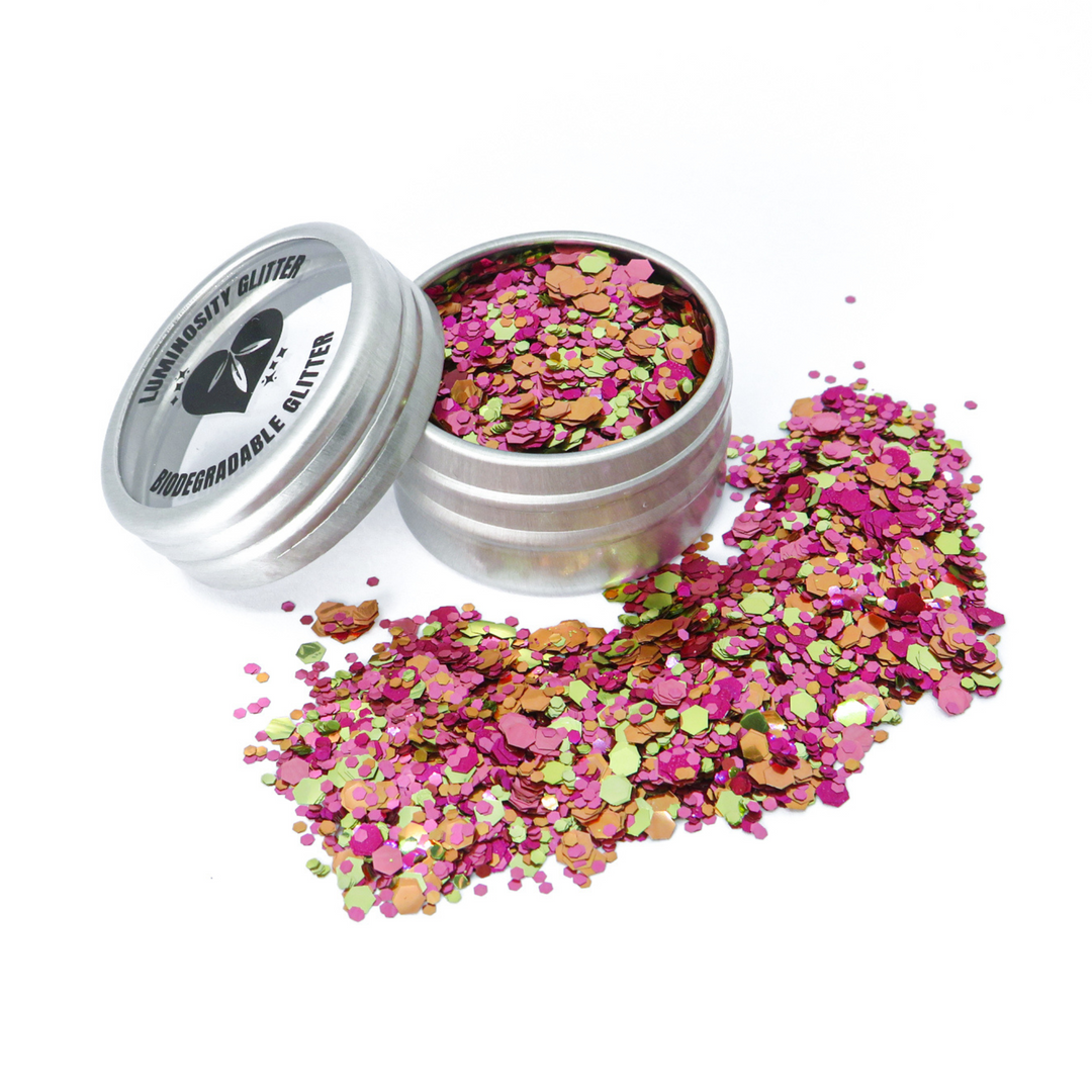 Diva mix of pink, magenta, gold and orange biodegradable glitter in a 10ml aluminium pot. Blended by Luminosity Glitter in West London.