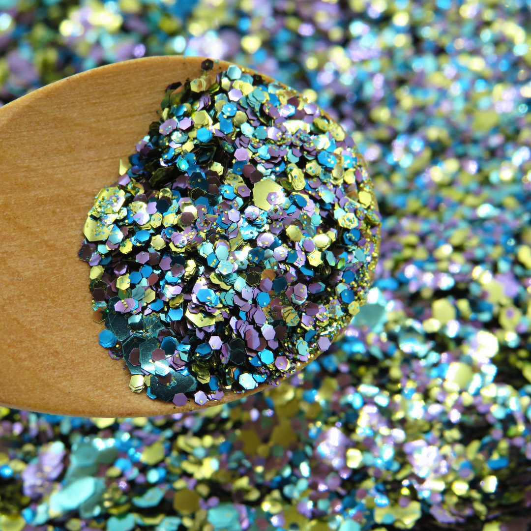 gold, turquoise, blue and purple eco friendly glitter mix for face and body