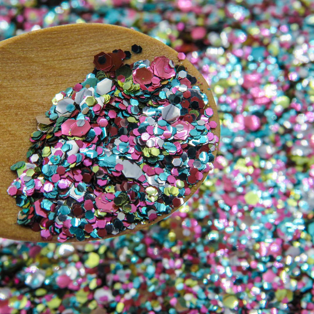 Tropicana eco glitter mix made of pink, turquoise, gold and silver biodegradable glitter 
