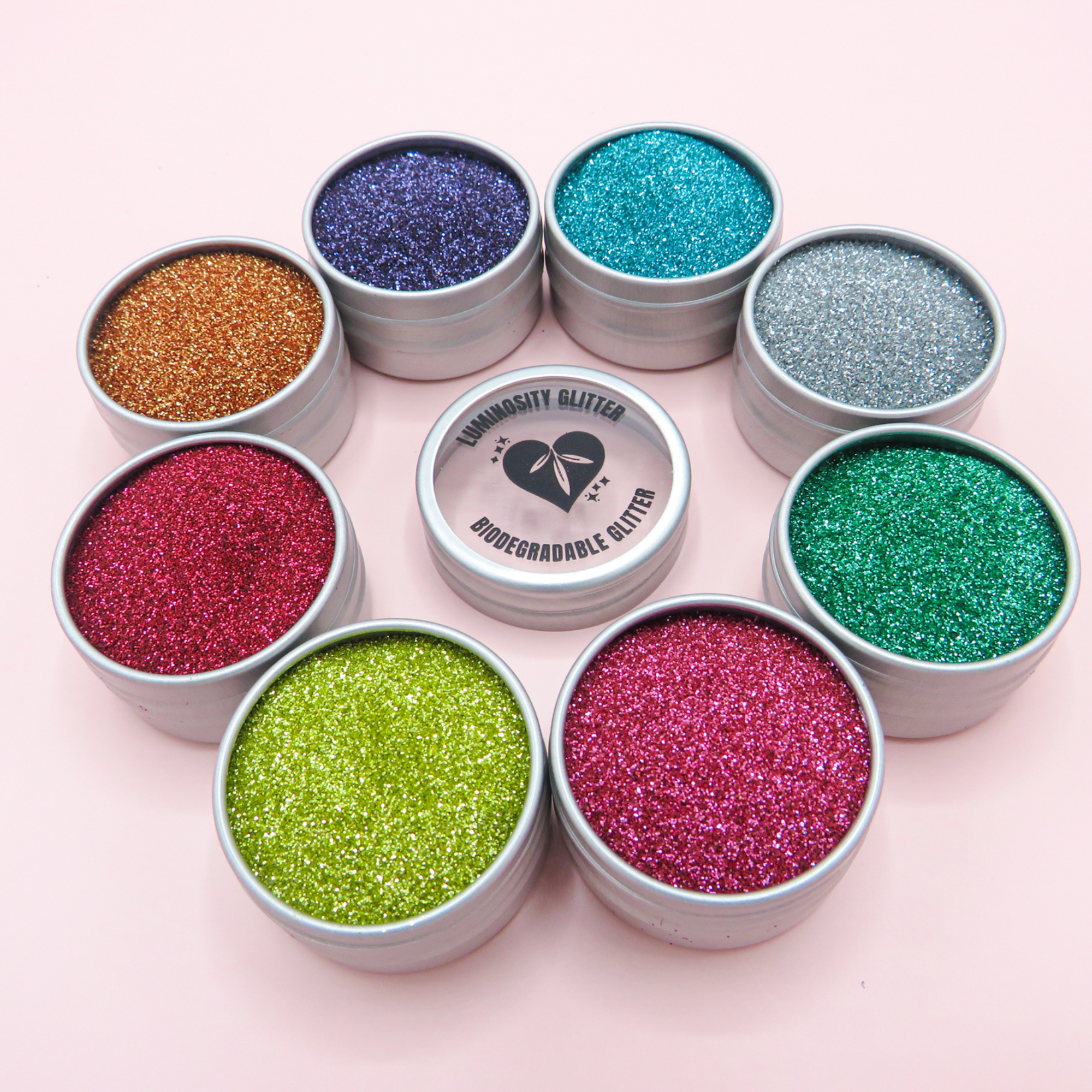 Set of biodegradable glitters in fine flake size for makeup, glitter nails and glitter tattoos 