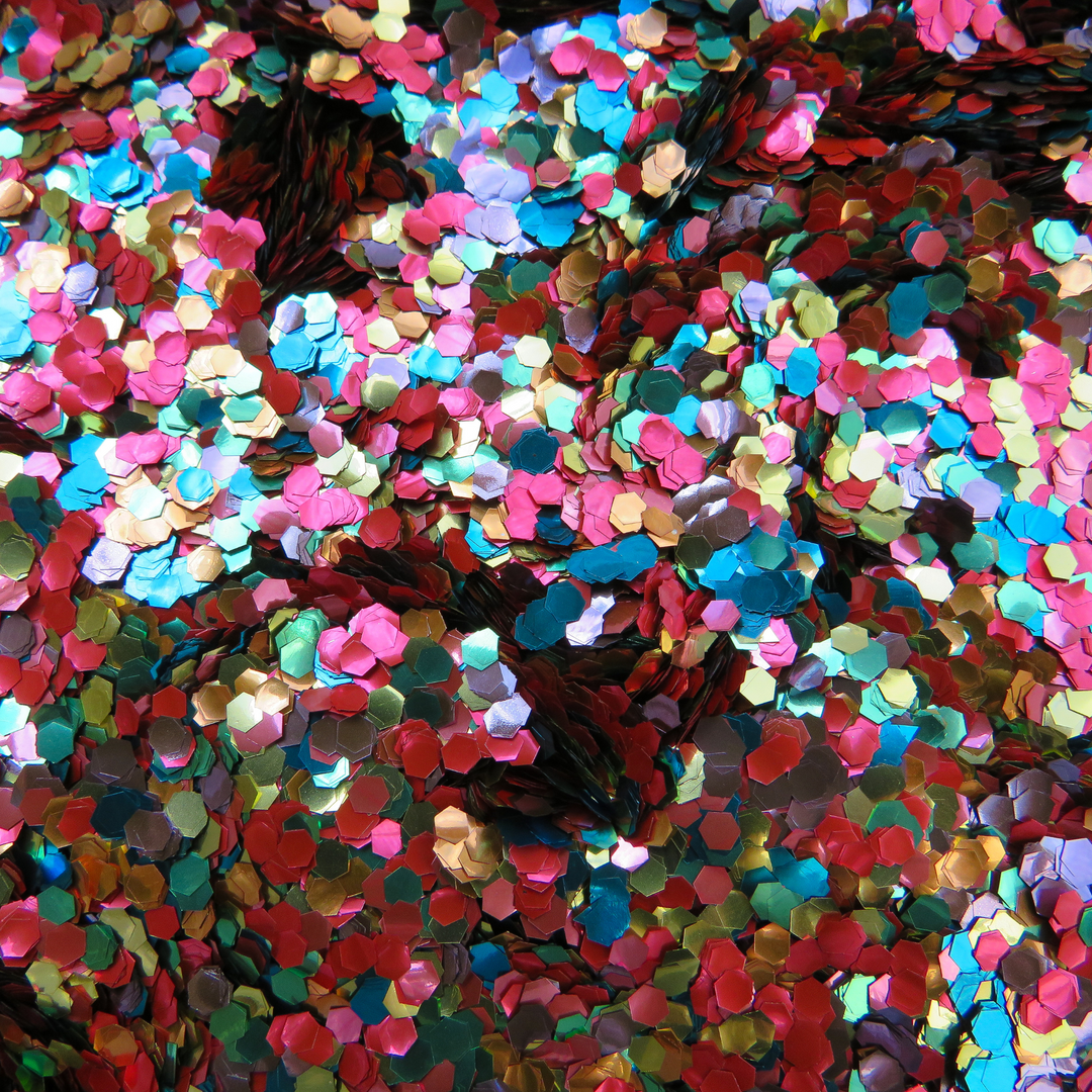 Funfetti eco glitter mix of rainbow colours of biodegradable glitter made from eucalyptus cellulose.