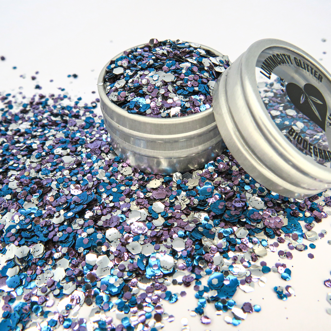 Glam Vamp Halloween glitter mix by Luminosity glitter in an aluminium pot with recyclable pet window lid