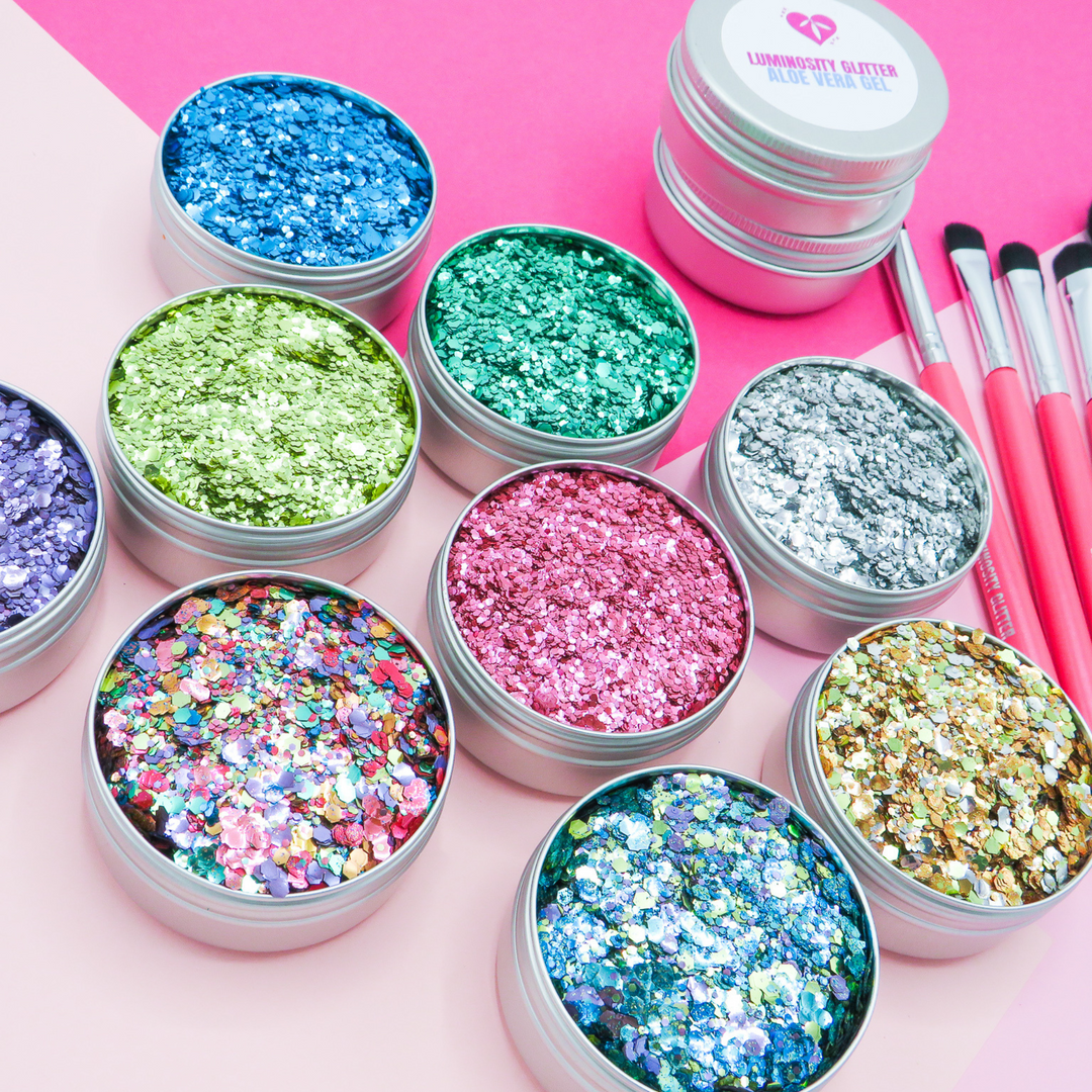 Luminosity Glitter's glitter artist starter kit for those that want to start their own glitter bar business. Green, blue, gold, purple, pink, silver and blends of eco glitter.