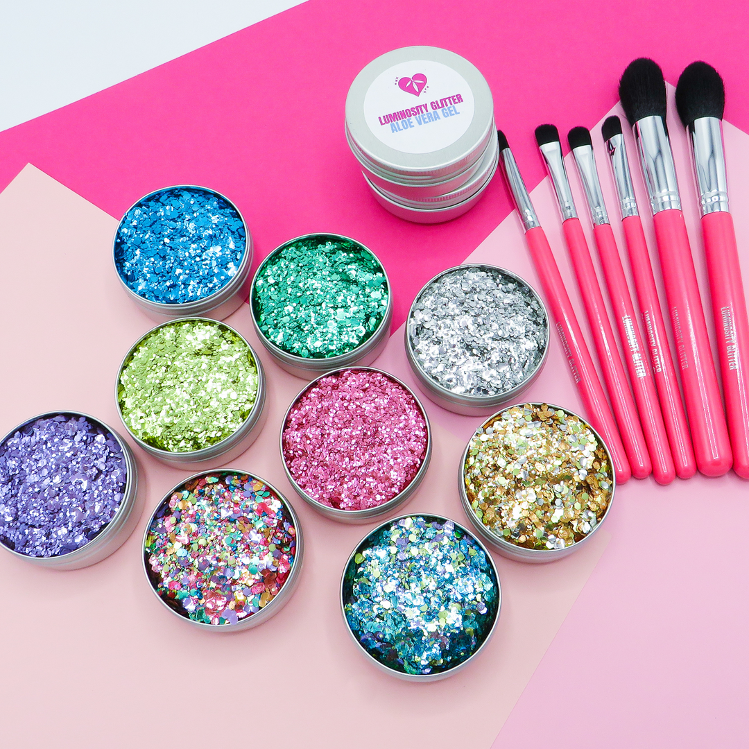 Glitter artist kit of biodegradable glitter, aloe vera gel and hot pink brushes by Luminosity Glitter. Get for face painters, makeup artists and glitter artists.