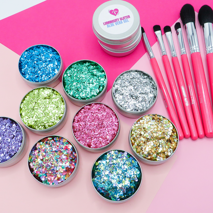 Eco glitter artist starter kit with a selection of best selling glitters, brushes and fixatives.