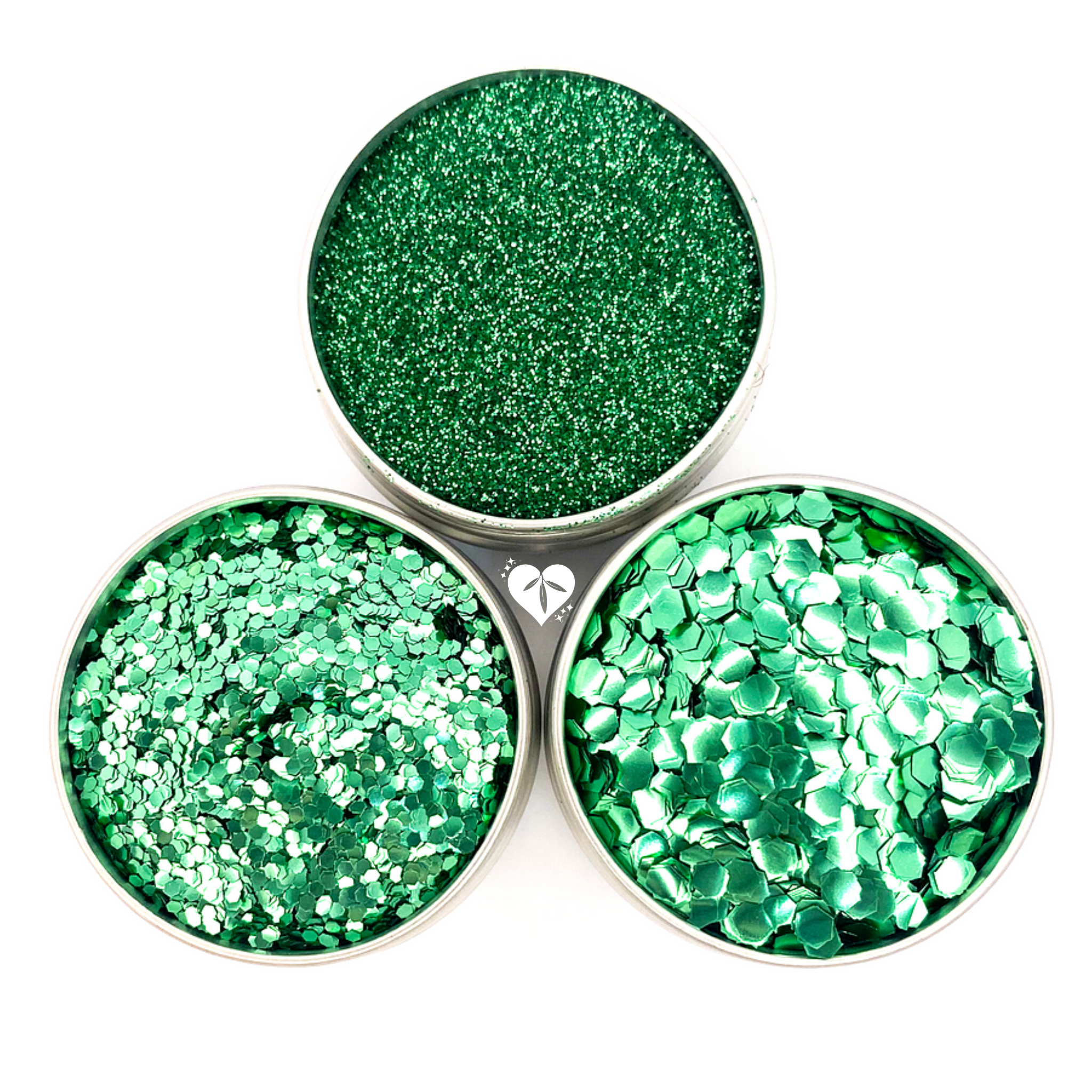 Green biodegradable glitter trio in fine, chunky and ultra chunky glitter sizes for hair, face, body and crafting.