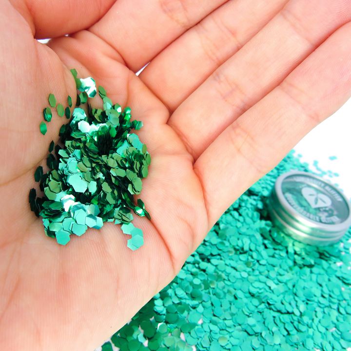 Green ultra chunky biodegradable cosmetic glitter for your hair, nails, face and body