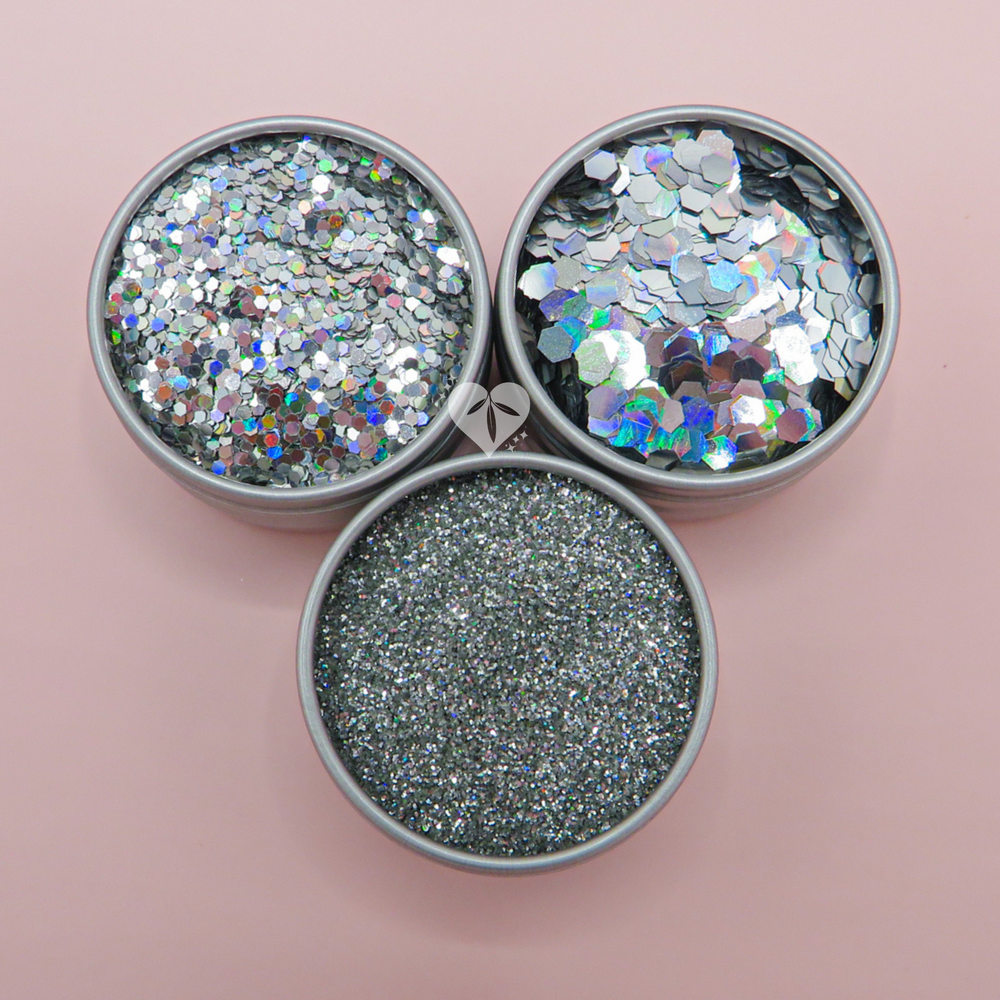 Holographic trio of biodegradable cosmetic glitters by Luminosity Glitter